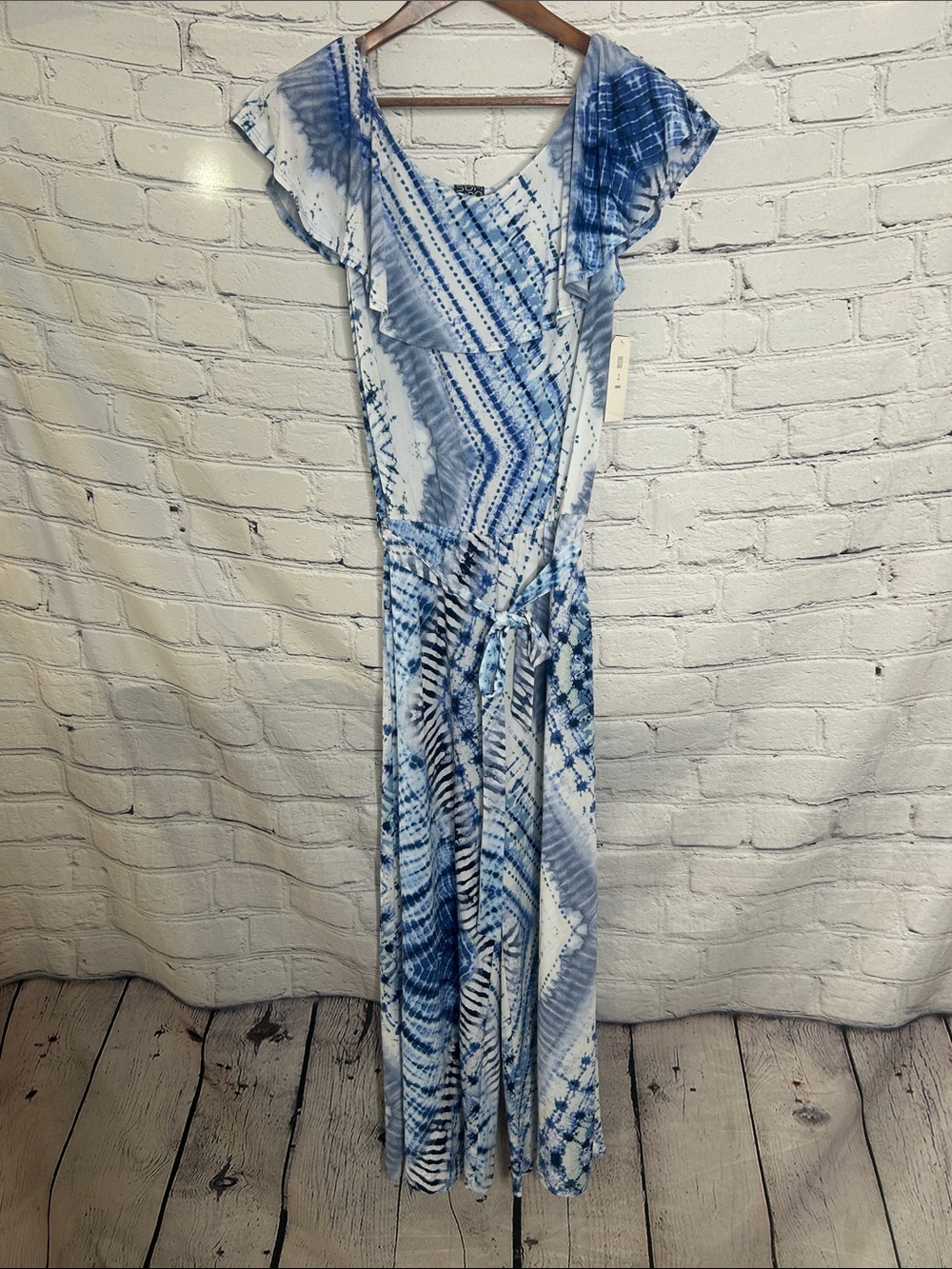 Clara Sun Woo White & BLue Tie-Dye Jumpsuit W/Waist Tie Size Small 8-10 New